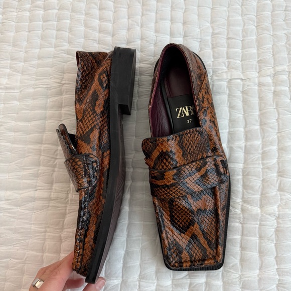 Zara Square Toe Brown Faux Snake Print Loafers - Picture 3 of 3